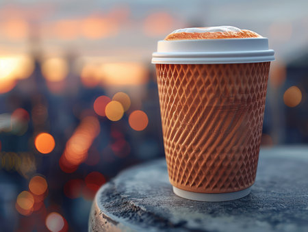 A steaming cup of coffee, nestled in a cozy mug, offers warmth and comfort against the vibrant backdrop of an urban cityscape  Bokeh lights blur the city&#39;s energy, creating a soft, ethereal glow The moment captures the simple pleasure of savoring a warm beverage amidst the bustling energy of urban life AI Generativeの素材