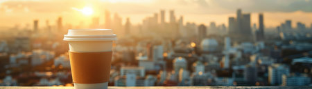A steaming coffee cup silhouetted against a sun-drenched cityscape This image captures the invigorating start to the day, perfect for urban dwellers and coffee lovers The vibrant city skyline and warm sunlight create a dynamic and inviting scene, embodying the energy of a bustling metropolis AI Generativeの素材