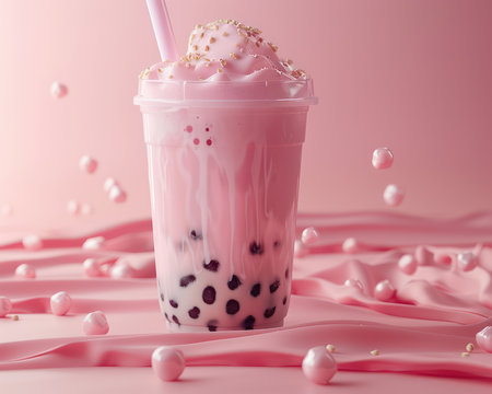 A vibrant pink bubble tea stands out against a matching backdrop  Whipped cream mounds on top, adorned with colorful sprinkles  Chewy tapioca pearls peek from the clear cup, ready to be slurped through the pink straw  This aesthetically pleasing image captures the essence of this beloved beverage AI Generativeの素材