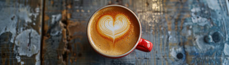 A captivating latte art design, crafted with skill and precision, adorns a red coffee cup  The cup rests on a weathered wooden table, creating a rustic backdrop that complements the intricate foam design This image captures the essence of coffee artistry and the allure of simple, natural beauty AI Generativeの素材