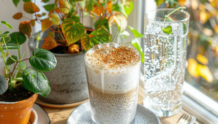 A sun-drenched window sill becomes a cozy breakfast nook A steaming latte with velvety foam sits alongside a sparkling glass of water, inviting a relaxing morning Lush green houseplants frame the scene, adding a touch of nature's vibrancy The warm light and fresh air create a refreshing and inviting atmosphere AI Generativeの素材