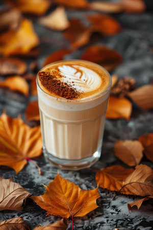 A steaming cup of coffee adorned with latte art rests amidst a vibrant tapestry of autumn leaves This picturesque scene evokes the cozy warmth of crisp autumn mornings and the comforting embrace of a warm beverage Perfect for seasonal imagery and autumnal mood boards AI Generativeの素材