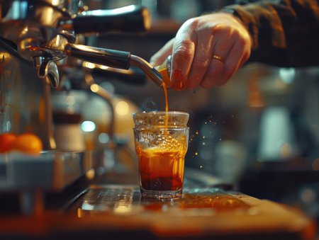 In a cozy cafe bathed in warm light, a skilled barista flawlessly pulls a perfect espresso shot using a high-quality machine The rich, dark crema crowns the shot, promising a delicious and aromatic experience  The scene evokes the artistry and precision of coffee preparation, capturing the essence of a cherished cafe ritual AI Generativeの素材
