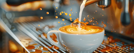A mesmerizing close-up of frothy latte art, captured with macro photography Creamy swirls and delicate splashes dance across the surface, creating a captivating contrast against the warm glow of an espresso machine The image evokes the sensory experience of a perfect cup of coffee, inviting viewers to savor the moment AI Generativeの素材