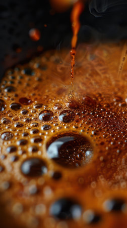 A mesmerizing close-up of freshly brewed coffee, showcasing its rich, dark depths  Golden swirls dance on the surface, capturing the essence of a steaming, aromatic beverage  Every detail is impeccably rendered, highlighting the beauty and indulgence of a perfect cup AI Generativeの素材