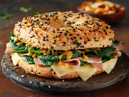 A rustic wooden board presents a gourmet bagel sandwich Fresh spinach, succulent ham, and melted cheese create a delectable combination This appetizing image is perfect for showcasing breakfast, lunch, or brunch The vibrant colors and inviting textures appeal to culinary enthusiasts AI Generativeの素材
