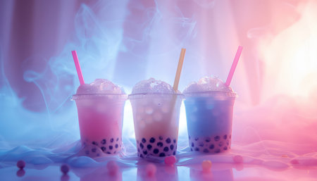 Neon-lit bubble tea beverages dance in a soft, smoky haze Vibrant tapioca pearls shimmer in assorted flavors, inviting you to indulge in a trendy and aesthetically pleasing treat Capture the captivating essence of bubble tea with this photo, perfect for drink inspirations and social media AI Generativeの素材
