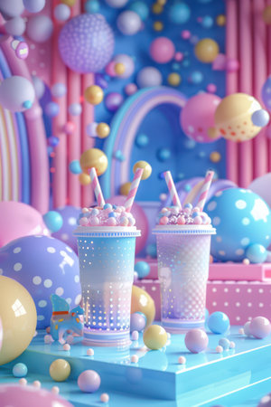 Delightful pastel cafe drinks, bursting with color and whimsy!  Playful balloons and straws add a touch of childlike joy, while a decorative background and cheerful ambiance create a charming atmosphere  Perfect for capturing the essence of a fun and carefree celebration AI Generativeの素材