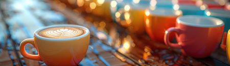 Indulge in a cozy morning ritual with vibrant coffee cups adorning a rustic wooden table Focus on intricate latte art, creating a serene and inviting atmosphere Enjoy the warmth and beauty of a tranquil setting, perfect for relaxation and reflection AI Generativeの素材