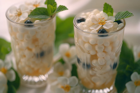 A refreshing springtime delight! Delicate tapioca pearls shimmer in elegant glasses, adorned with fresh mint, juicy blueberries, and delicate white blossoms Nestled amongst lush green foliage, this dessert evokes the beauty and vibrancy of the season AI Generativeの素材