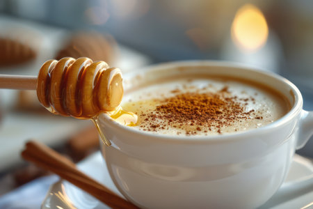 Indulge in the cozy warmth of a creamy honey latte, perfectly presented in a white ceramic cup A cinnamon stick adds a touch of spice, while a honey dipper drips golden sweetness Soft lighting illuminates the aromatic scene, transporting you to a comforting coffee shop experience AI Generativeの素材