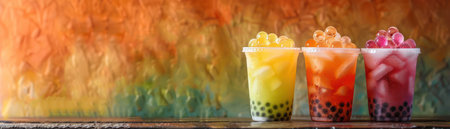 A vibrant tapestry of bubble tea delights! A colorful array of bubble tea drinks with tapioca pearls are artfully arranged against a textured, eye-catching backdrop Each cup bursts with color and flavor, inviting you to indulge in this sweet and satisfying beverage The perfect blend of texture and taste awaits AI Generativeの素材