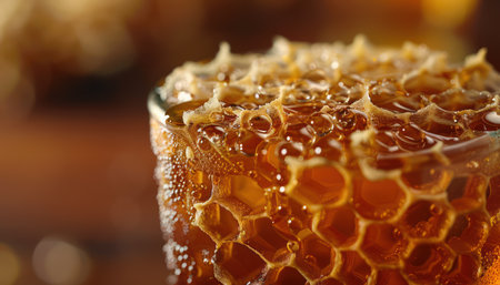 A close-up reveals the intricate beauty of a fresh honeycomb, bathed in warm sunlight Golden honey glows within the delicate wax cells, showcasing its rich texture and luminous quality This pure, raw honey, captured in stunning detail, is perfect for health and culinary uses AI Generativeの素材