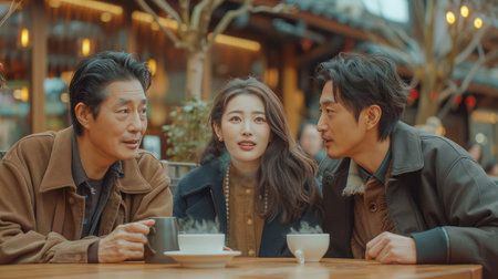 A cozy cafe scene bursts with warmth and laughter Friends gather amidst vibrant outdoor decor, sharing warm beverages and lively conversation Sunlight streams through the festive atmosphere, creating a welcoming ambiance as they connect over coffee and shared moments AI Generativeの素材