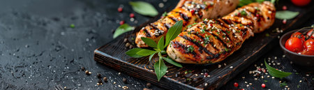 A mouthwatering grilled chicken breast, bursting with fresh herbs and spices, rests on a rustic wooden tray alongside juicy tomatoes This high-quality image captures the essence of a perfect BBQ meal, appealing to both health-conscious eaters and grilling enthusiasts AI Generativeの素材