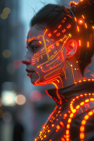 A futuristic cybernetic human stands amidst a neon-lit cityscape Their body is augmented with glowing orange LED circuits, highlighting the intricate fusion of flesh and technology This concept art explores the intersection of humanity and machine, showcasing the evolving human-machine interface in a visually stunning sci-fi setting AI Generativeの素材