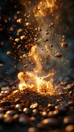 A captivating image of coffee beans roasting over an open flame, creating a mesmerizing display of smoke and sparks  The rustic setting evokes a sense of traditional craft, inspiring culinary and beverage creativity  Perfect for coffee enthusiasts, food lovers, and those seeking a touch of artisanal charm AI Generativeの素材