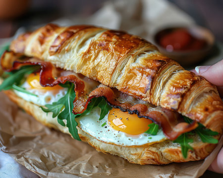 Indulge in a breakfast masterpiece! A flaky croissant cradles crispy bacon, a perfectly fried egg, and a sprinkle of fresh arugula Served on parchment paper, this delightful combination offers a symphony of textures and flavors, making it the ideal start to your day AI Generativeの素材
