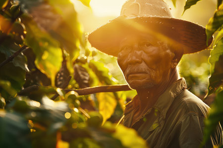An elderly farmer, weathered by time and toil, stands amidst a sunlit coffee plantation, his silhouette a testament to generations of agricultural tradition The golden sunrise bathes the untouched landscape in warm light, highlighting the lush green rows of coffee bushes This image captures the timeless beauty and enduring labor of rural life AI Generativeの素材