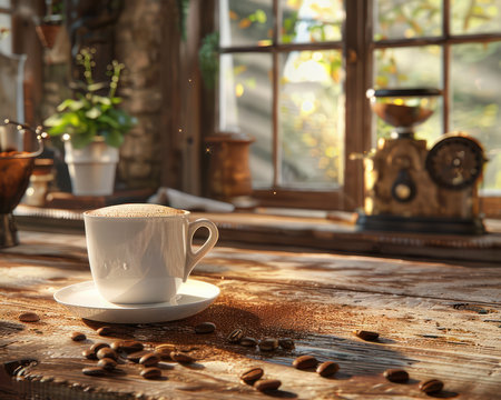A warm morning sun bathes a rustic kitchen in golden light, illuminating a cozy scene of coffee brewing Steam rises from a steaming mug, while coffee beans are scattered across a weathered wooden table The aroma of freshly brewed coffee fills the air, inviting a moment of peaceful reflection AI Generativeの素材