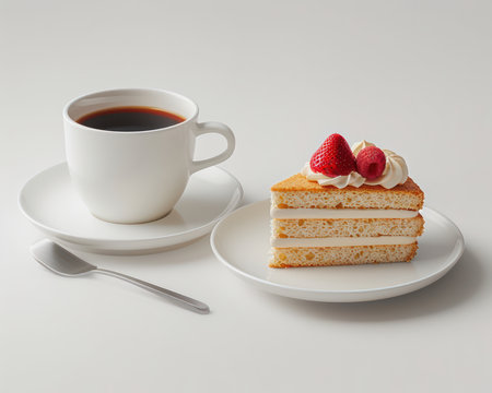 A delightful escape awaits with this photo A fluffy sponge cake, generously topped with juicy strawberries and pillowy whipped cream, sits on a pristine white plate A silver spoon rests nearby, ready to savor the sweetness The perfect complement - a steaming cup of fresh black coffee - adds a touch of sophistication Indulge in this sweet and refreshing break AI Generativeの素材