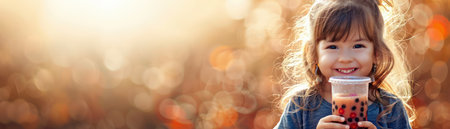 A little girl, eyes sparkling with delight, savors a refreshing bubble tea on a crisp autumn day Warm sunlight bathes her in a golden glow, while vibrant foliage creates a bokeh backdrop The air is alive with the scent of fallen leaves and the promise of cozy evenings This heartwarming image captures the essence of childhood joy and the beauty of fall AI Generativeの素材