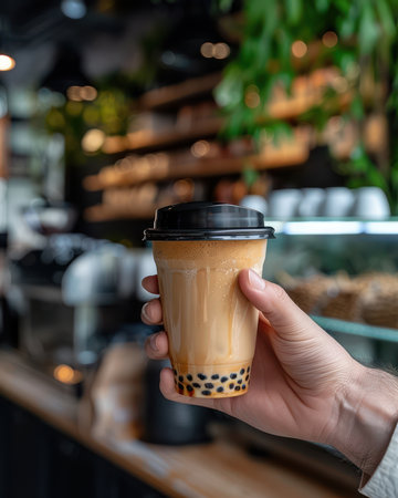 Indulge in a refreshing bubble tea experience at a cozy cafe  A trendy, modern setting sets the stage for the perfect blend of milk, tea, and tapioca pearls Each sip is a delightful fusion of flavors and textures, offering an unforgettable beverage adventure AI Generativeの素材