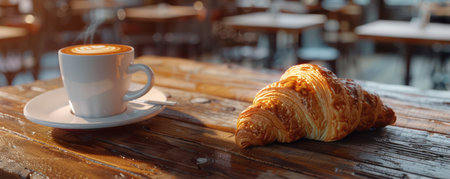 Indulge in a perfect morning ritual: a flaky, golden croissant paired with a velvety cappuccino, enjoyed in a cozy cafe setting The aroma of fresh coffee and warm pastries fills the air, creating a haven for breakfast lovers and coffee enthusiasts alike This image captures the essence of cafe culture, inviting you to savor the simple pleasures of life AI Generativeの素材