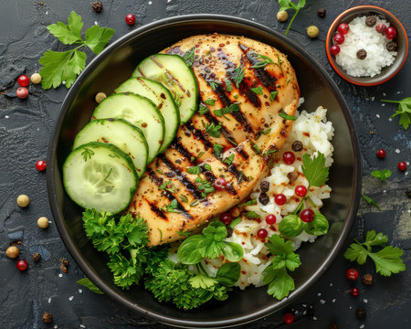 A rustic black bowl brims with a healthy and flavorful meal Grilled chicken breast, juicy and tender, is adorned with fresh cucumber slices, vibrant cranberries, and fragrant herbs Steamed rice provides a fluffy base, while parsley adds a final touch of freshness The dish is artfully presented against a dark, textured backdrop, hinting at the deliciousness within AI Generativeの素材