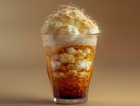 Indulge in a heavenly coffee dessert! This layered masterpiece features creamy coffee, whipped cream, and a fluffy foam topping  Perfect for cafes or dessert buffets, it&#39;s a rich and satisfying treat that will delight coffee lovers AI Generativeの素材