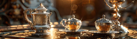 A vintage teaware set in elegant gold and silver gleams on a reflective table, bathed in warm ambient light The exquisite details and classic design evoke a luxurious and timeless atmosphere, perfect for a sophisticated afternoon tea AI Generativeの素材