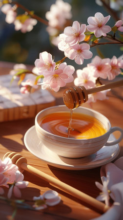 Begin your day with tranquility A steaming cup of tea, infused with the delicate sweetness of honey and adorned with the ethereal beauty of cherry blossoms This serene scene captures the essence of a peaceful morning, inviting you to embrace the calming embrace of nature AI Generativeの素材