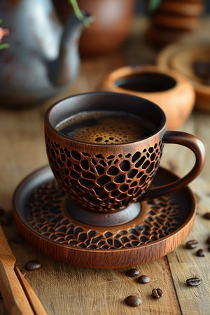 A beautifully crafted ceramic cup filled with freshly brewed coffee, surrounded by rustic decor and coffee beans The perfect morning start or relaxing afternoon break Capture the warmth and aroma of freshly brewed coffee with this inviting still life AI Generativeの素材