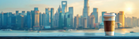 Start your day with a breathtaking view A steaming cup of coffee pairs perfectly with a serene morning, as the rising sun illuminates the majestic urban skyline This picturesque scene offers a tranquil escape from the city's hustle and bustle, making it the ideal start to any day AI Generativeの素材