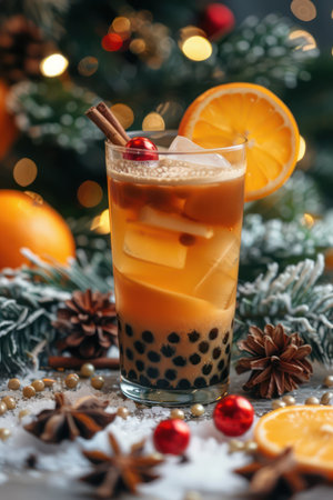 A festive holiday beverage, perfect for the Christmas season The drink features cinnamon sticks, an orange slice, ice, and tapioca pearls in a glass The background showcases a beautifully decorated Christmas tree and a snowy winter scene, creating a cozy and festive ambiance AI Generativeの素材