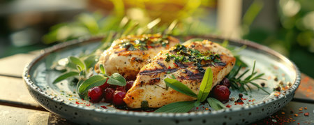 A rustic plate overflowing with summer goodness  Perfectly grilled, herb-infused chicken breast rests atop fresh greens, adorned with vibrant seasonal berries A healthy and delicious meal, ideal for outdoor dining The rustic setting and vibrant colors evoke a sense of summer freshness and indulgence AI Generativeの素材