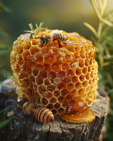 A mesmerizing sight of a golden honeycomb glows in the sun, nestled amongst vibrant greenery Busy bees flit around, diligently collecting nectar from blooming wildflowers Sunlight bathes the scene in a warm, ethereal light, capturing the essence of nature&#39;s intricate harmony AI Generativeの素材