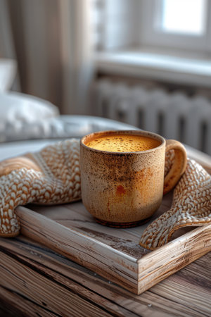 A rustic ceramic coffee mug rests on a wooden tray, nestled amongst a cozy blanket Warm sunlight floods the room, casting a golden glow on the steaming beverage This image embodies hygge lifestyle, with its focus on home comfort, Scandinavian interior, and moments of relaxation and tranquility Perfect for evoking feelings of peace and contentment AI Generativeの素材