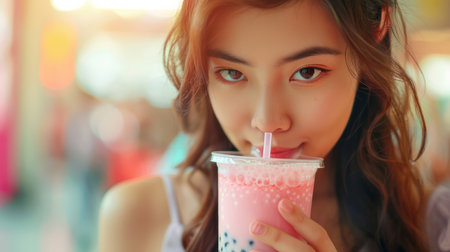 A young woman savors a refreshing bubble tea in a bustling urban setting The vibrant colors and playful textures of the drink capture the joy and delight of this popular beverage  She smiles, enjoying the unique flavors and satisfying chewiness of the tapioca pearls  The image exudes a sense of youthful energy and urban cool AI Generativeの素材