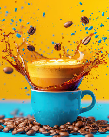 A vibrant burst of coffee energy! Roasted beans cascade from a blue cup, splashing into a coffee-stained puddle against a sunny yellow backdrop The rich brown hues of the beans and the creamy splash contrast beautifully, capturing the essence of a perfect morning brew AI Generativeの素材