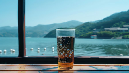 Escape the city bustle and find serenity by a tranquil lake  Enjoy a refreshing beverage with breathtaking mountain views as your backdrop  Embrace nature&#39;s peace in this idyllic outdoor setting, perfect for relaxation and rejuvenation AI Generativeの素材