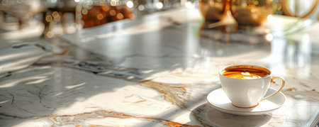 A warm morning sunbeam bathes a pristine marble countertop in golden light A steaming cup of freshly brewed espresso sits invitingly, casting a comforting aroma  The perfect scene for a tranquil start to the day,  evoking feelings of peace and serenity AI Generativeの素材