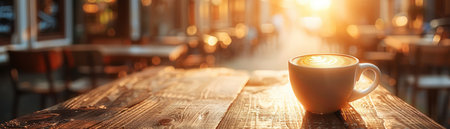 A serene urban morning unfolds at a cozy outdoor cafe, bathed in the warm glow of sunrise A steaming cup of coffee rests on a rustic wooden table, inviting tranquility and contemplation The peaceful ambiance of the early hours creates a picturesque backdrop for a leisurely start to the day AI Generativeの素材