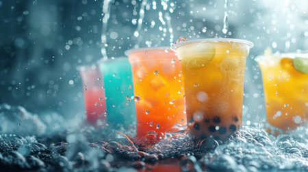A vibrant burst of color against a rainy cityscape A collection of refreshing bubble tea drinks, adorned with colorful toppings and ice, stand out against the wet backdrop The scene captures the excitement and artistry of enjoying a beloved beverage in an urban setting AI Generativeの素材