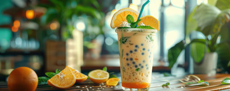 A refreshing citrus mint bubble tea drink with fresh orange slices and tapioca pearls, served with colorful straws in a vibrant cafe setting The perfect summertime beverage, this drink offers a delightful blend of sweet, tart, and minty flavors  Enjoy the cool and invigorating taste as you soak up the summer sun AI Generativeの素材