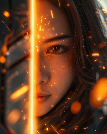 A woman&#39;s face emerges from a whirlwind of fiery sparks and radiant light in this captivating close-up portrait The dramatic contrast between the intensity of the flames and the soft glow illuminating her features creates a striking and unforgettable image AI Generativeの素材