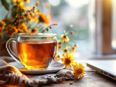 A tranquil autumn morning unfolds in a cozy setting, bathed in warm sunlight streaming through a window  A steaming cup of tea awaits, surrounded by fresh blooming flowers, radiating peace and relaxation  Enjoy this moment of serenity and comfort, perfect for quiet contemplation AI Generativeの素材