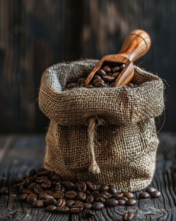A rustic burlap sack overflowing with freshly roasted coffee beans rests on a weathered wood background A wooden scoop sits beside it, inviting a taste of the rich aroma  Perfect for cafes, coffee shops, and artisan coffee lovers, this image evokes the warmth and comfort of freshly brewed coffee AI Generativeの素材