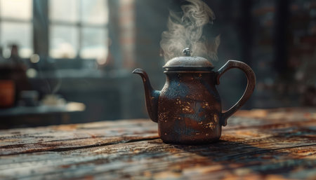A vintage teapot, steaming gently, sits atop a rustic wooden table in a cozy kitchen bathed in warm ambient lighting  The scene evokes a classic charm and homely atmosphere, perfect for tea lovers seeking a nostalgic escape  The image captures the simple pleasures of a comforting cuppa in a cherished space AI Generativeの素材