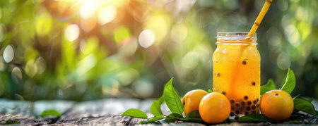 A vibrant citrus drink, perfectly refreshing for summertime, awaits in a mason jar with a straw Sunlit and surrounded by juicy oranges and lush greenery, this image evokes healthy detox and a vitamin C boost A wooden table adds a rustic charm, making it ideal for showcasing wellness and summery vibes AI Generativeの素材